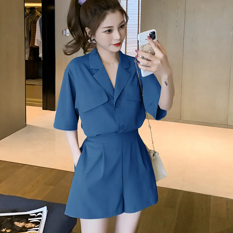 Miss Shop's - Set 2in1 Kemeja Lengan Pendek Kerah V-Neck Kancing Aktif Celana Pendek Pinggang Karet #4226 6