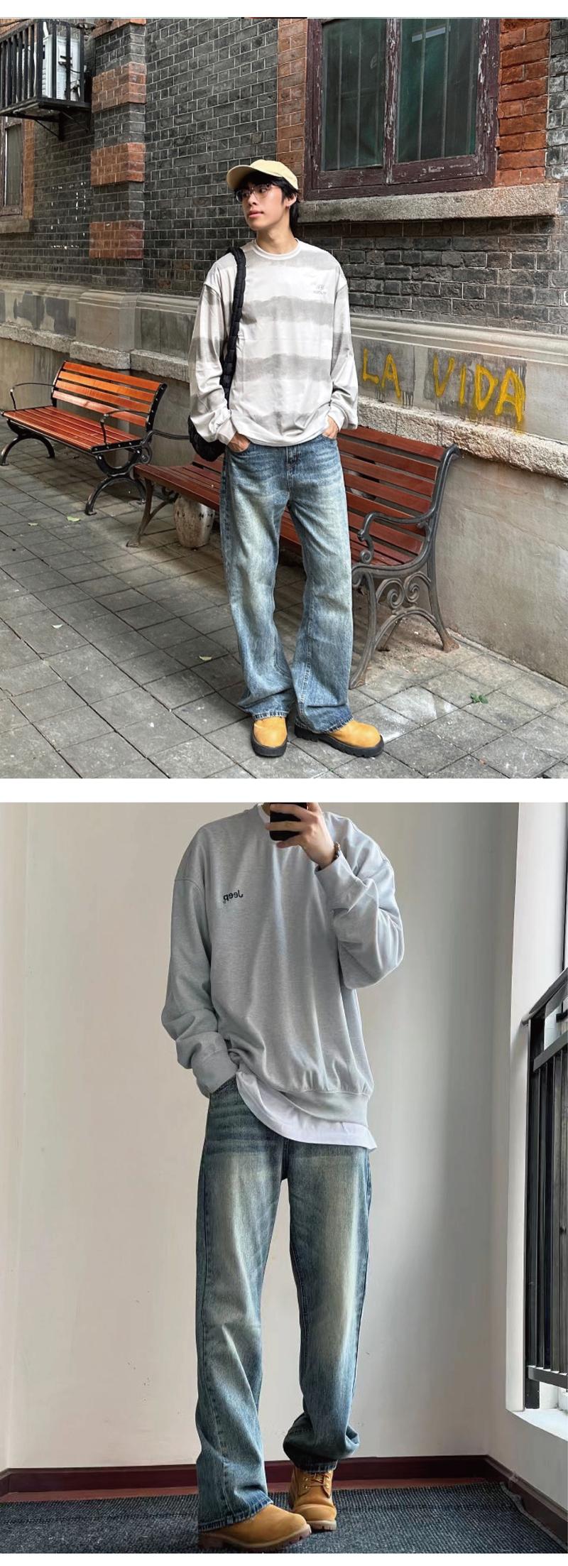 Product Introduction of Quần Thường Ngày Denim Làm Cũ, URSGGON, Phong Cách Cổ Điển Mỹ, Thêu Khâu Ngẫu Nhiên, Ống Loe Siêu Nhỏ Thư Giãn, Dành Cho Nam Và Nữ, Rằn Ri Hoàng Hôn, URS-UG3003 5