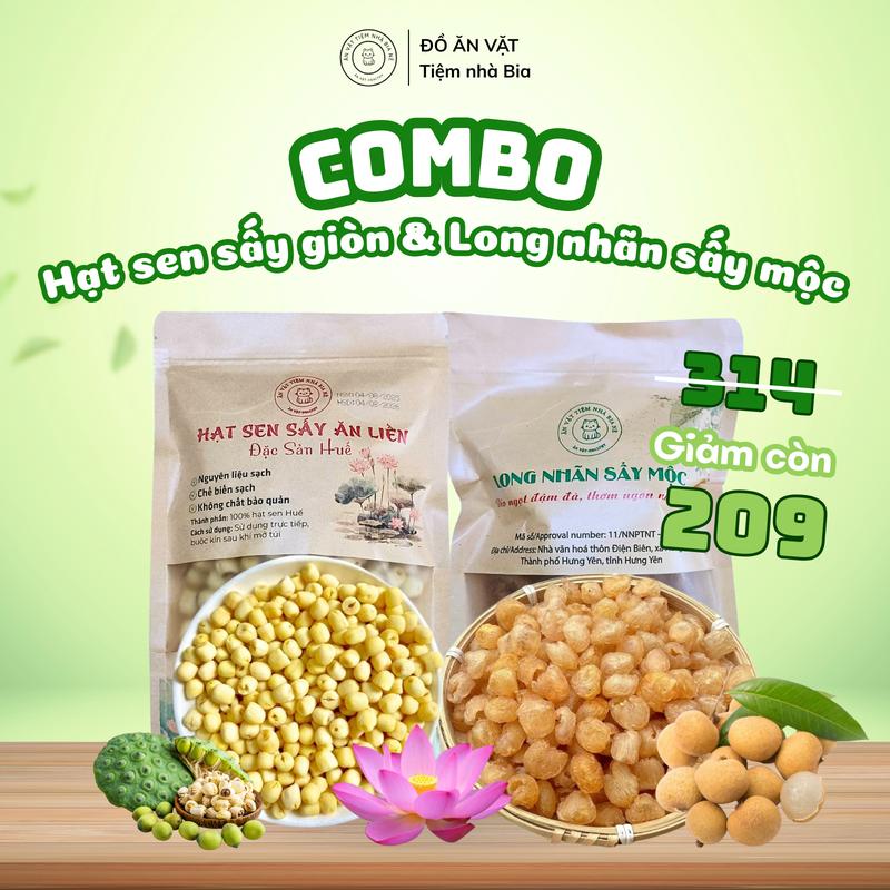 COMBO 2 MÓN: HẠT SEN SẤY GIÒN 200G + LONG NHÃN SẤY MỘC 200G - ĂN VẶT LÀNH TỐT CHO SỨC KHỎE - Tiệm Nhà Bia