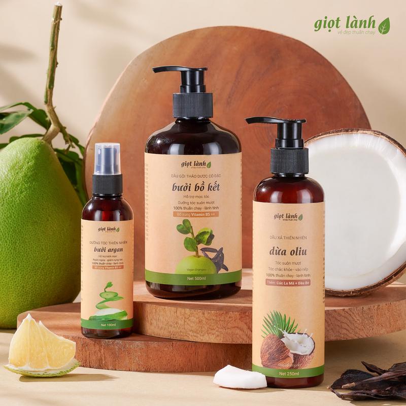 Bộ Dầu gội bưởi bồ kết - Dầu xả olive - Xịt dưỡng tóc bưởi thuần chay Giọt Lành