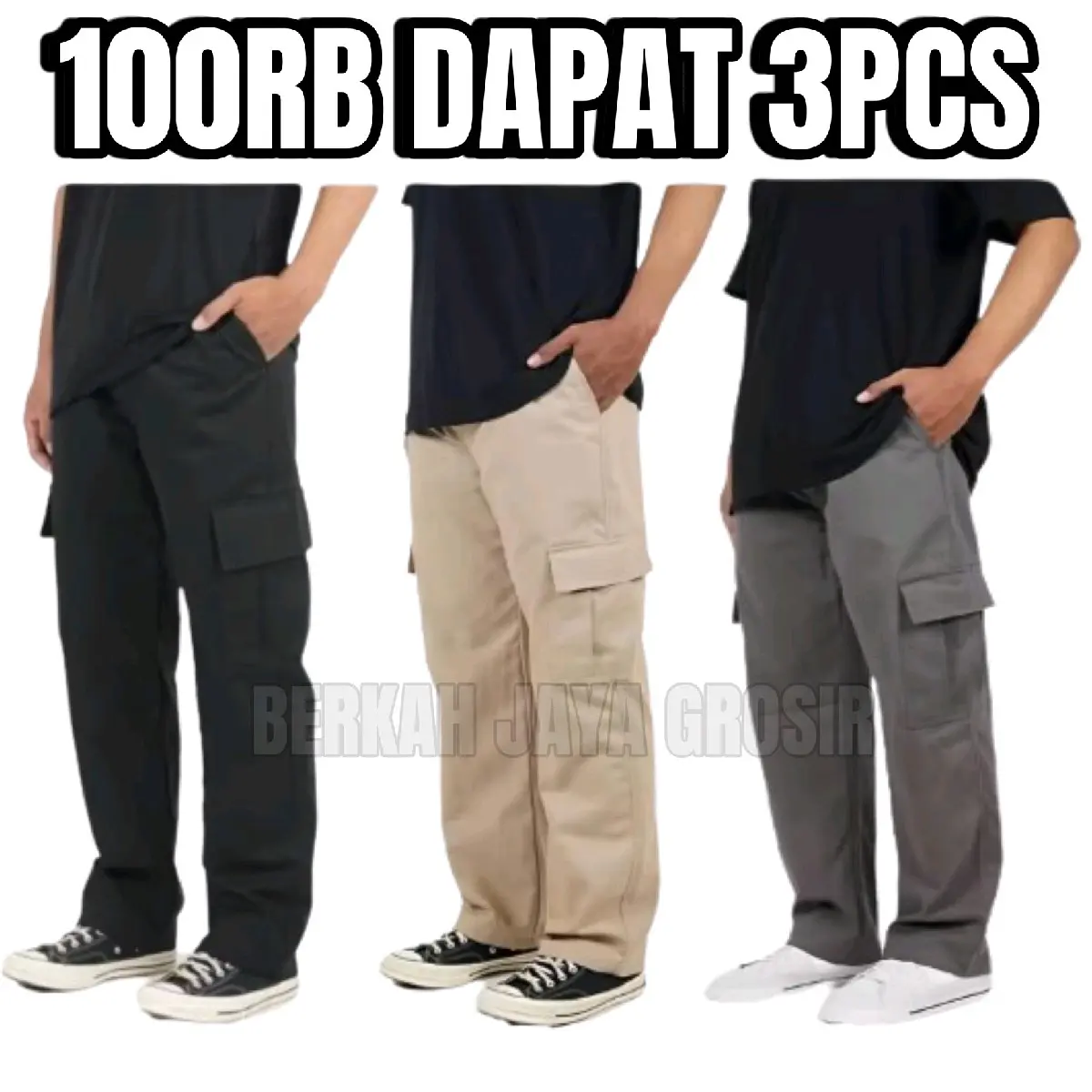 100RIBU DAPAT 3PCS CELANA CARGO PANJANG PRIA DEWASA KASUAL PINGGANG KARET RIP NYAMAN DIPAKAI