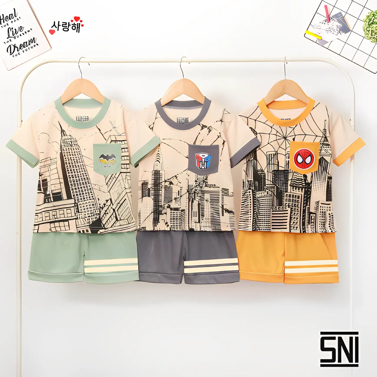 FOYA Kids - Setelan Murah Baju Anak Laki - Laki Motif Superhero Kantong Hidup - Setelan Celana Pendek Salur Strip Bahan Katun  Premium usia Baby - 6 Tahun