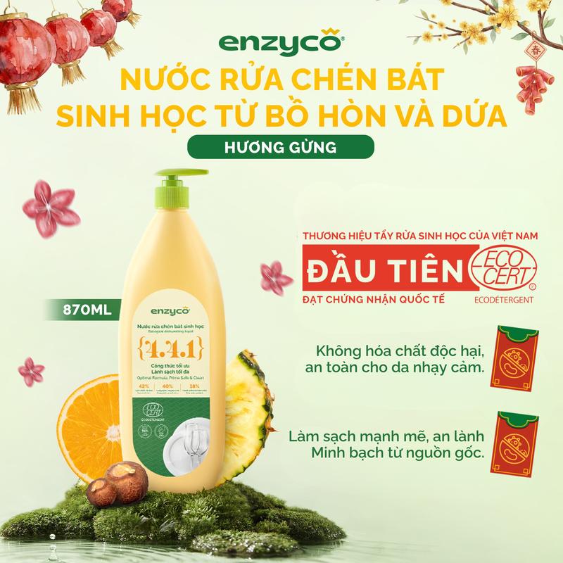 Nước rửa chén bát sinh học ENZYCO đạt Chứng nhận ECODETERGENT-ECOCERT từ Bồ Hòn và Dứa - Khử mùi tanh sạch dầu mỡ an toàn cho da nhạy cảm - Hương thơm từ Tinh Dầu Gừng Tinh dầu Cam Tự Nhiên 870ml - Cùng Enzyco Dọn Nhà An Toàn - Đón Tết An Lành