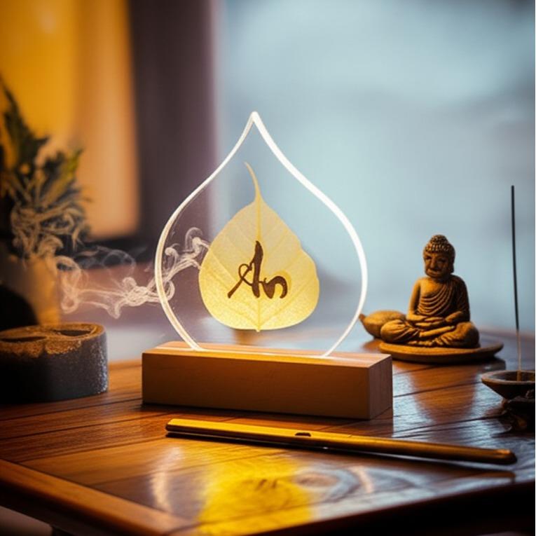 Đèn Pha Lê - Lá Bồ Đề  Mạ Vàng [Lá Thật 100%]  Và Chữ Thư Pháp - Phong Thủy - May Mắn, Chiêu Tài Lộc. Decor Phòng, Trang Trí Nhà.