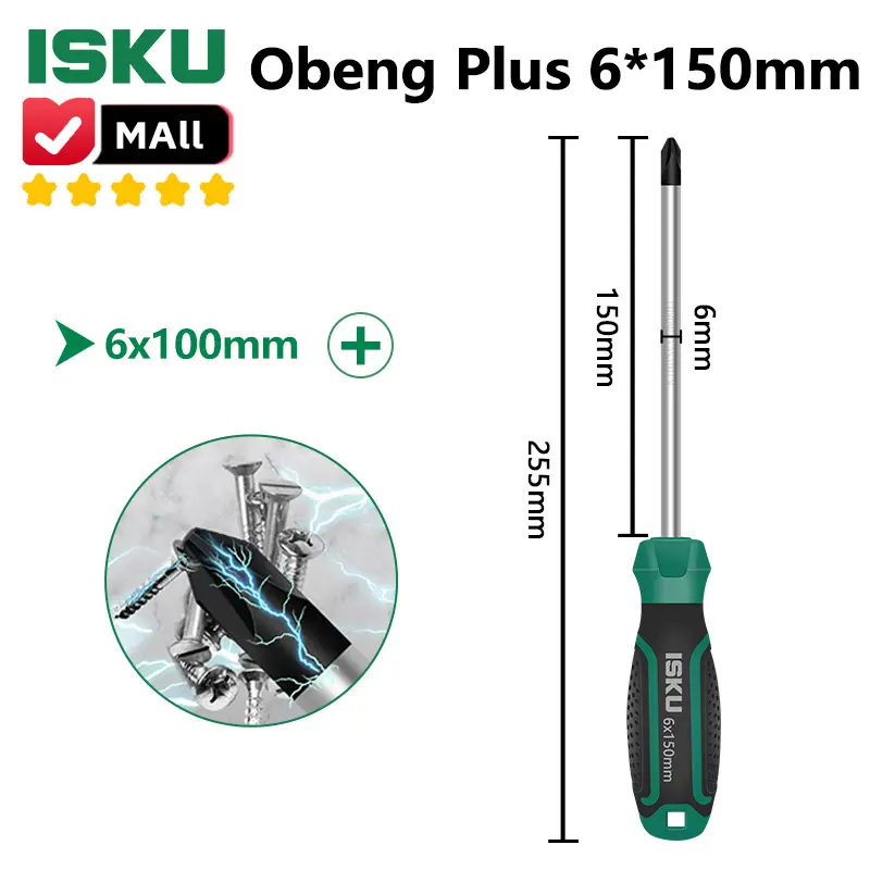 ISKU obeng plus 6*100 mm magnet /obeng set screwdriver sets perkakas/obeng super kuat chrome vanadium cocok untuk elektronik dan peralatan rumah tangga