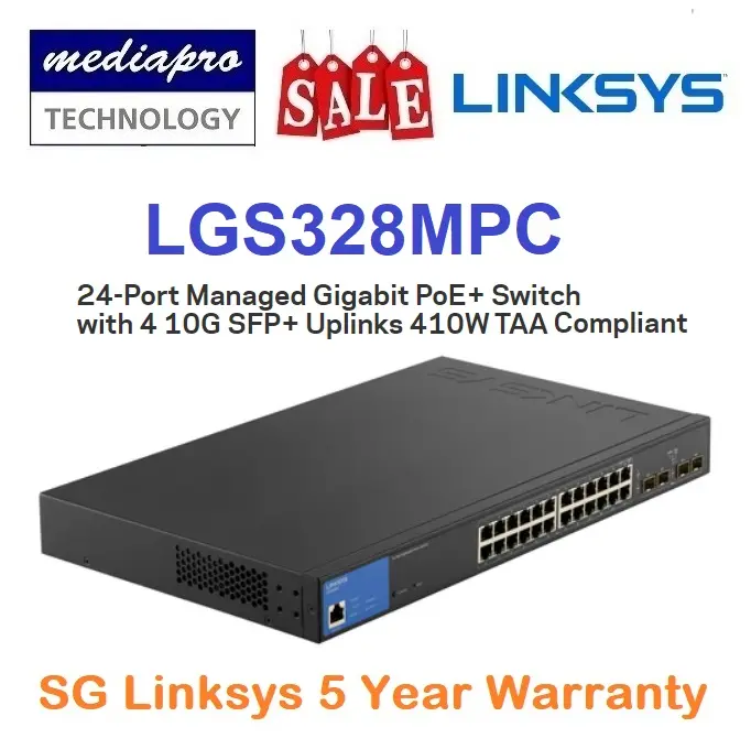 LINKSYS LGS328MPC 24-port PoE+ 410W & 4x 10G SFP+ Managed Gigabit Switch,TAA Compliant ( LGS328MPC-EU ) - 5 Year Local Linksys Warranty