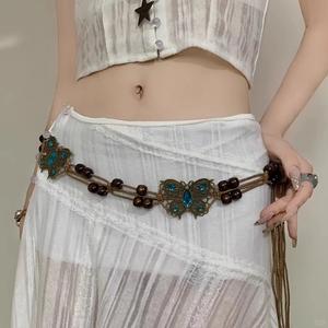 Tali pinggang wanita gaya Bohemian tenunan tangan, tali pinggang etnik percutian dengan hiasan berlian dan rama-rama, simpul kapas dan linen.