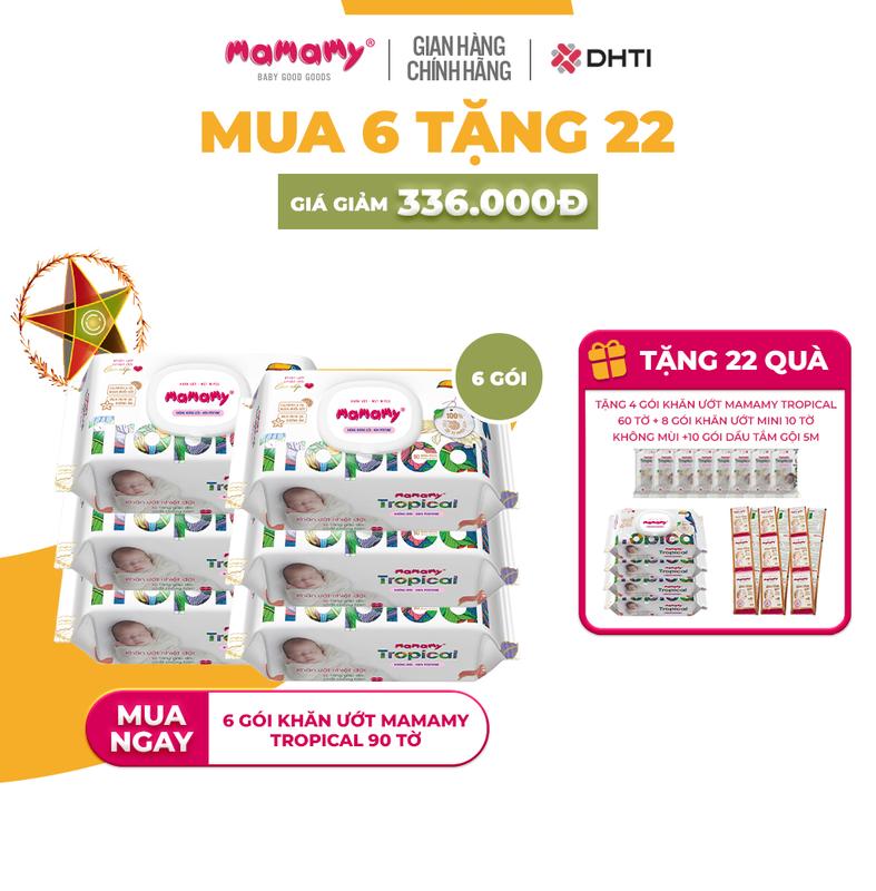 [MS][MUA 6 TẶNG 22] MUA 6 gói khăn ướt Mamamy Tropical 90 tờ TẶNG 4 gói khăn ướt Mamamy Tropical 60 tờ + 8 gói khăn ướt mini 10 tờ  +10 gói dầu tắm gội 5ml
