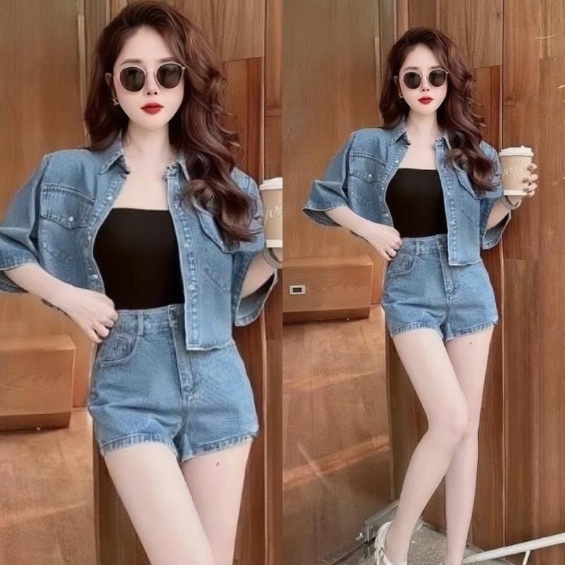  SET BỘ NỮ 3 MÓN CHẤT JEAN áo sơ mi  tay lỡ kèm áo trong thun tăm croptop mix quần ngắn trẻ trung cá tính năng động cho các nàng đi chơi đi du lịch 