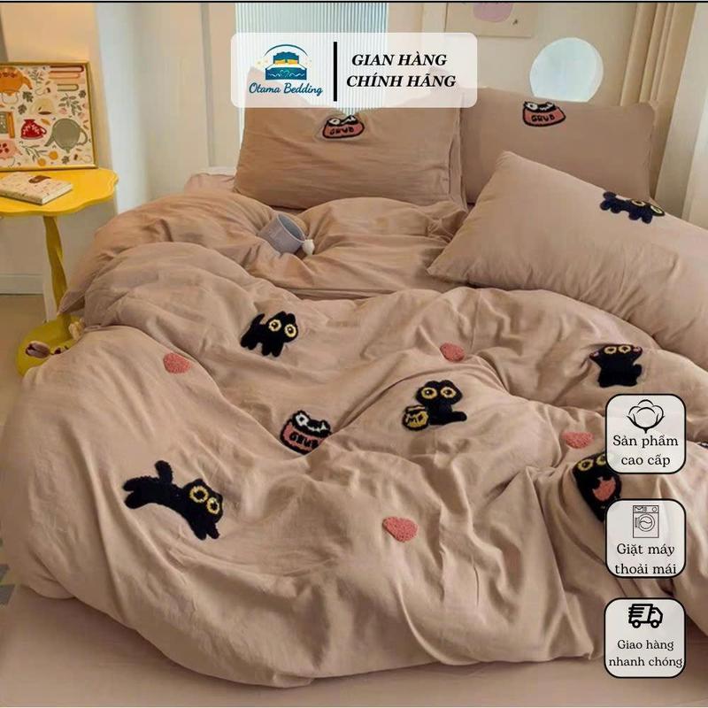 Bộ 4 món chăn ga gối cotton đũi (chưa kèm ruột) mềm mịn họa tiết thêu len decor phòng kiểu Hàn Quốc - Otama Bedding