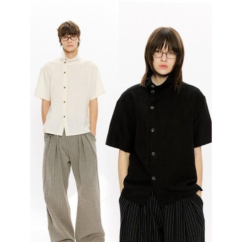 Áo Sơ Mi Tay Ngắn Linen Cổ Dựng Cài Cúc Lệch Unisex Nam Nữ - Áo Sơ Mi Vải Đũi Xước Form Rộng Style Japanese Cityboy Minimalist