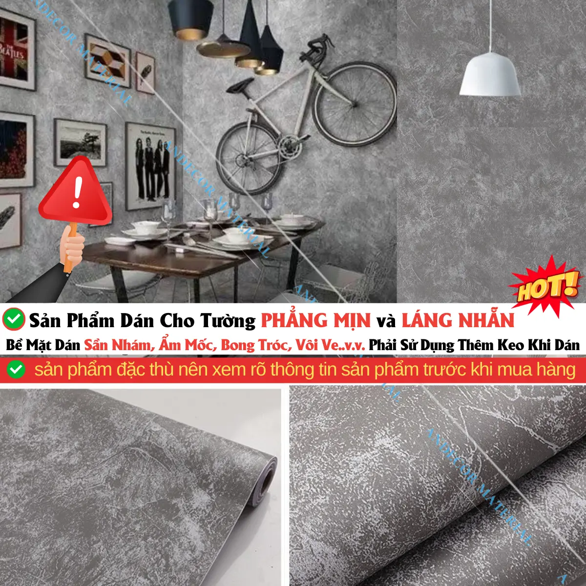 Giấy Dán Tường Mỏng Màu Xi Măng dành cho bề mặt dán phẳng mịn và láng nhẵn, kích thước ngang 45 cm dài 10 mét
