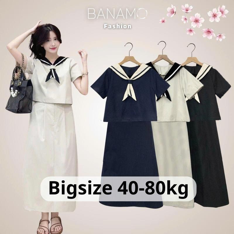  Set Nữ BIGSIZE Banamo Fashion Áo Cổ Thủy Thủ Cộc Tay Kèm Khăn Mix Chân Váy Dáng Dài Siêu Xinh 187 Women Dress Bigsize 40-80kg Chất Liệu Kaki Thô Phong Cách Thủy Thủ 