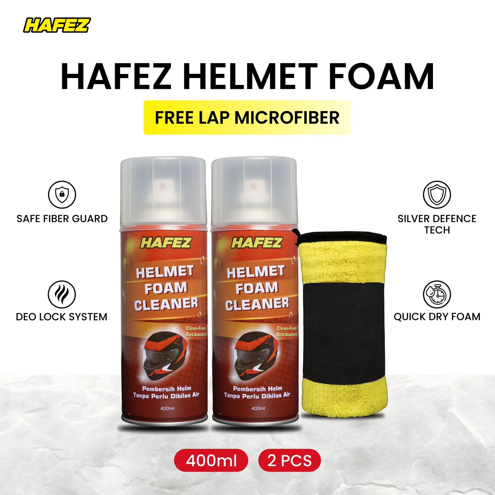 PROMO BELI 2 HAFEZ HELMET FOAM CLEANER GRATIS KAIN LAP MICROFIBER untuk Pembersih Helm dan Menghilangkan Bau Helm