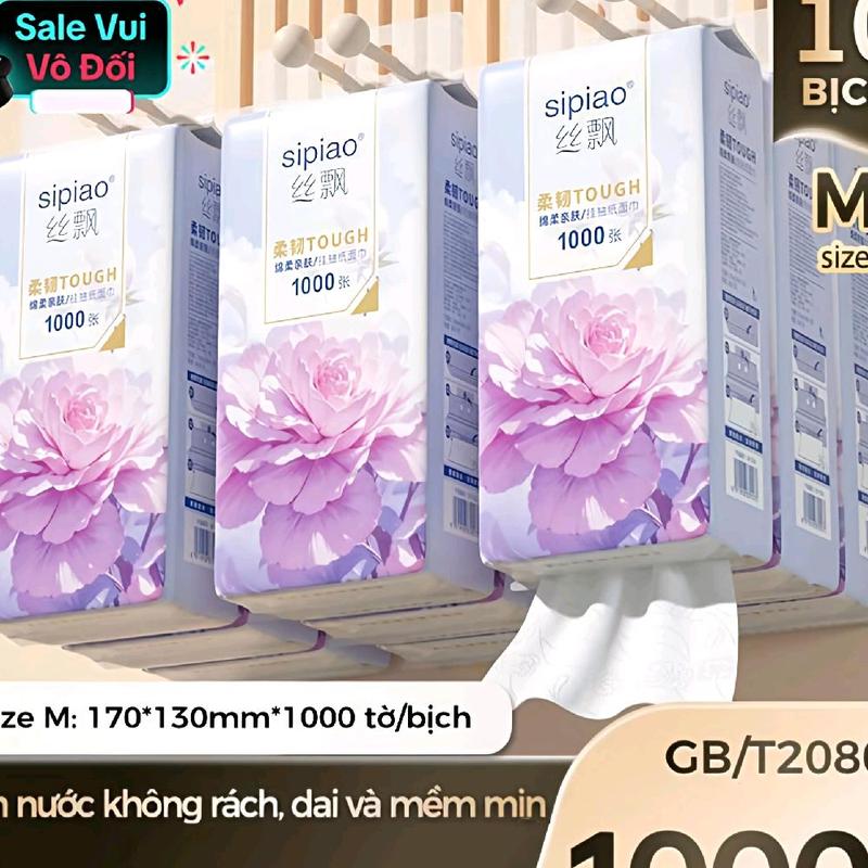 Sipiao Rút Treo Tường HOA MẪU ĐƠN TÍM Thùng 10 Bịch 4 Lớp Giấy Tan Trong Nước Mềm Mịn Tặng 3 Móc Treo KT 170*130