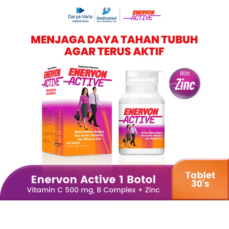 Enervon Active Non-Acidic Vitamin C, B Complex, Zinc Suplemen Multivitamin dan Mineral Isi 30 Tablet (1 Botol x 30) 0