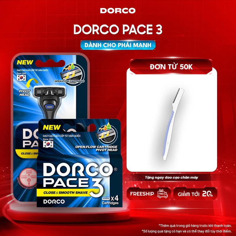 DORCO PACE 3 - Combo Dao Cạo Râu Hàn Quốc 3 Lưỡi - Gồm 1 Cán và 5 Đầu Cạo