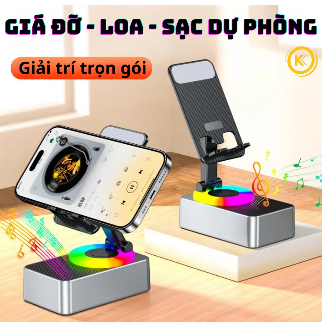Giá Đỡ Điện Thoại Tích Hợp Loa Bluetooth & Sạc Dự Phòng, Gập Gọn, Âm Thanh HD Cực Hay