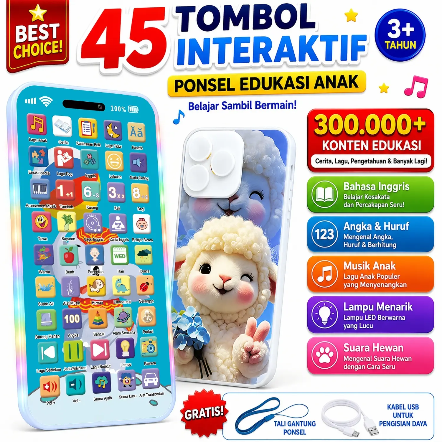 Mainan anak-anak pendidikan dini ponsel anak-anak fungsi 45 tombol belajar simbol fonetik belajar matematika belajar cerita bahasa Inggris lagu pengantar tidur nada dering telepon lagu anak-anak transportasi panggilan hewan Edukasi Plastik