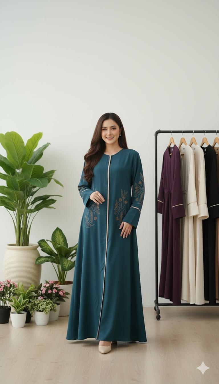 DS - Abaya Muslim Wanita Aksen Manik Manik Cantik Bahan Sabrina Premium Anggun Nyaman Di Pakai
