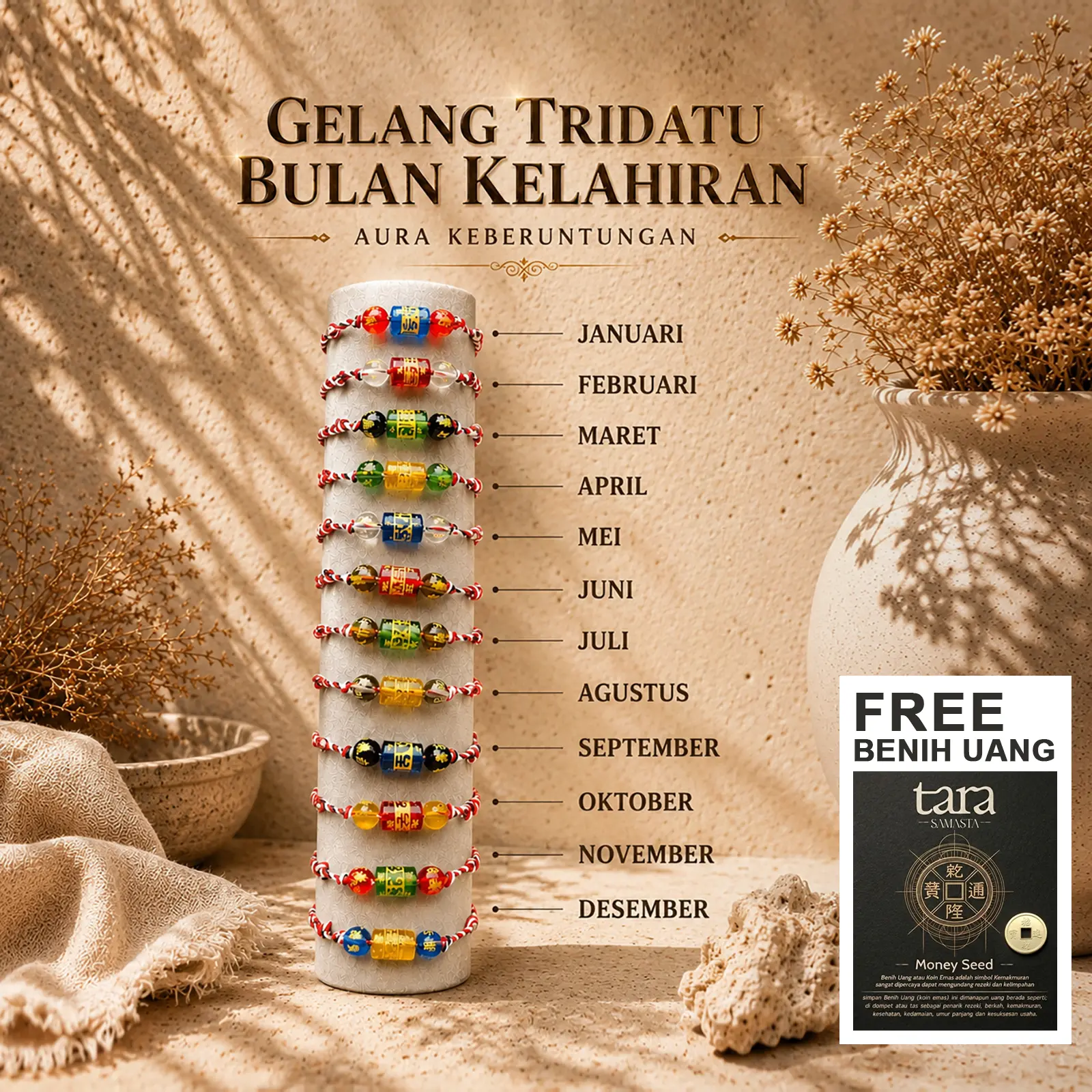 Tridatu Gelang Bulan Kelahiran - Aura Keberuntungan Batu Alam Asli Kombinasi Energi Semesta Untuk Pria & Wanita