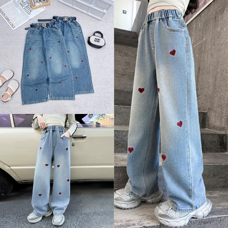 [B1607] Quần Jean Ống Suông Bé Gái 16 -50Kg Thêu TIM Nhỏ  Quần Bò Ống Rộng Mềm Mại Beekids jeanshop1688