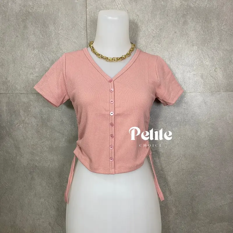 Petitechoice | HANI Top — Atasan wanita knit stretch serut casual slim fitting kancing mati tali crop korean Knitwear  Nyaman Cantik Vneck 2
