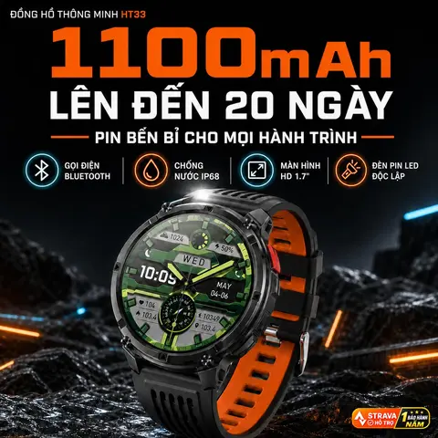 Đồng hồ thông minh ngoài trời mới HT33, thời lượng pin dài 1100 mAh, gọi điện qua Bluetooth, theo dõi sức khỏe mức oxy trong máu, các chế độ thể thao, chống nước, la bàn, đèn pin độc lập