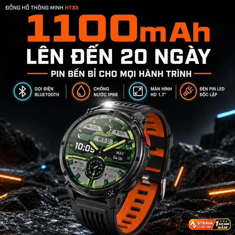 Đồng hồ thông minh ngoài trời mới HT33, thời lượng pin dài 1100 mAh, gọi điện qua Bluetooth, theo dõi sức khỏe mức oxy trong máu, các chế độ thể thao, chống nước, la bàn, đèn pin độc lập