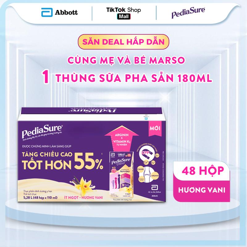 [DEAL MẸ VÀ BÉ MARSO] Thùng 48 hộp sữa PediaSure pha sẵn chính hãng hương vani ít ngọt 180ml