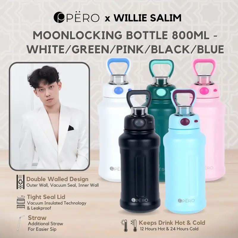 [Exclusive Willie Salim] Pero Permos Moon Locking Bottle 800ML Leakproof / Botol Minum Tumbler Vakum dengan Sedotan Tahan Panas dan Dingin Anti Tumpah 0