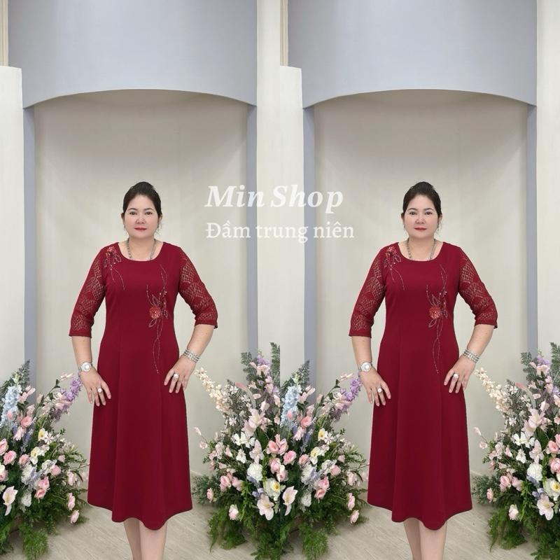  Min Shop - Đầm Xoè Tay Ren Trung Niên Quảng Châu Cao Cấp Sang Chảnh Nữ Dress Voan Voi Women Màu Đỏ Sang Trọng Size Tham Khảo 