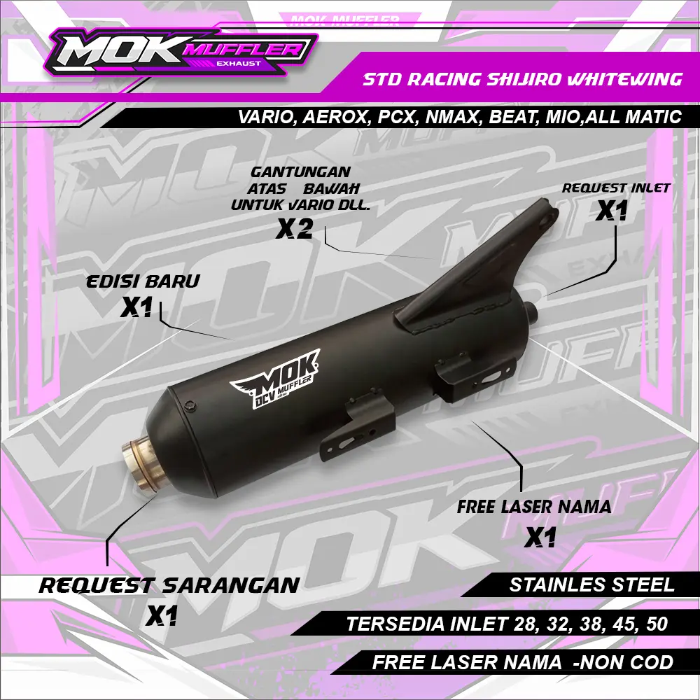 Silincer Knalpot Standar Racing Shijiro Gantungan Atas Bawah Emblem MOK Whitewing Aerox Nmax Vario Pcx Beat Mio All Matic