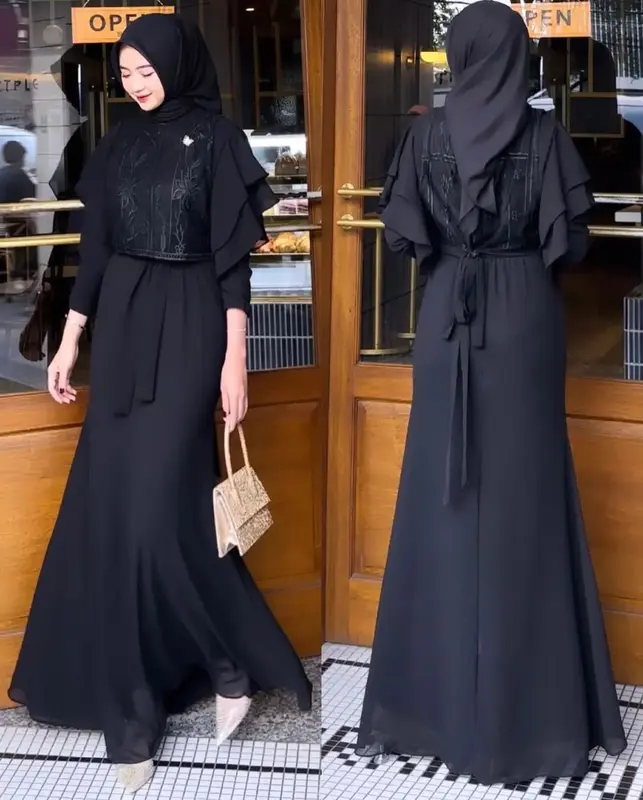 Baju Gamis Wanita Terbaru Ayda Mermaid AF Bahan Certy Babydoll Full Furing Mix Brukat Size M L XL XXL Dress Kondangan Kekinian Fashion Muslim Warna Mocca Black Roseberry Denim Grey Zipper Depan / Busui 1