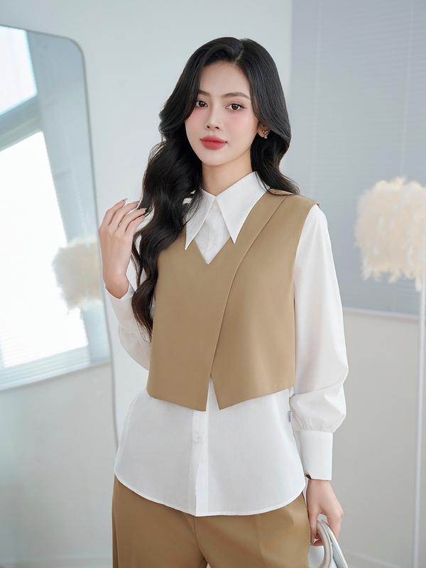 Áo Sơ Mi Nữ 2CT Roses Dáng Suông Mix Áo Gile Chất Liệu Tuytsi 23FDS8013ST