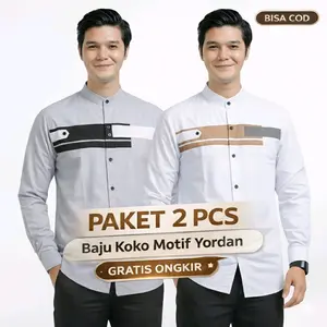 PAKET 2 PCS Baju Koko Pria Lengan Panjang Motif Yordan Hadroh Muslim Dewasa Model Kekinian Terbaru