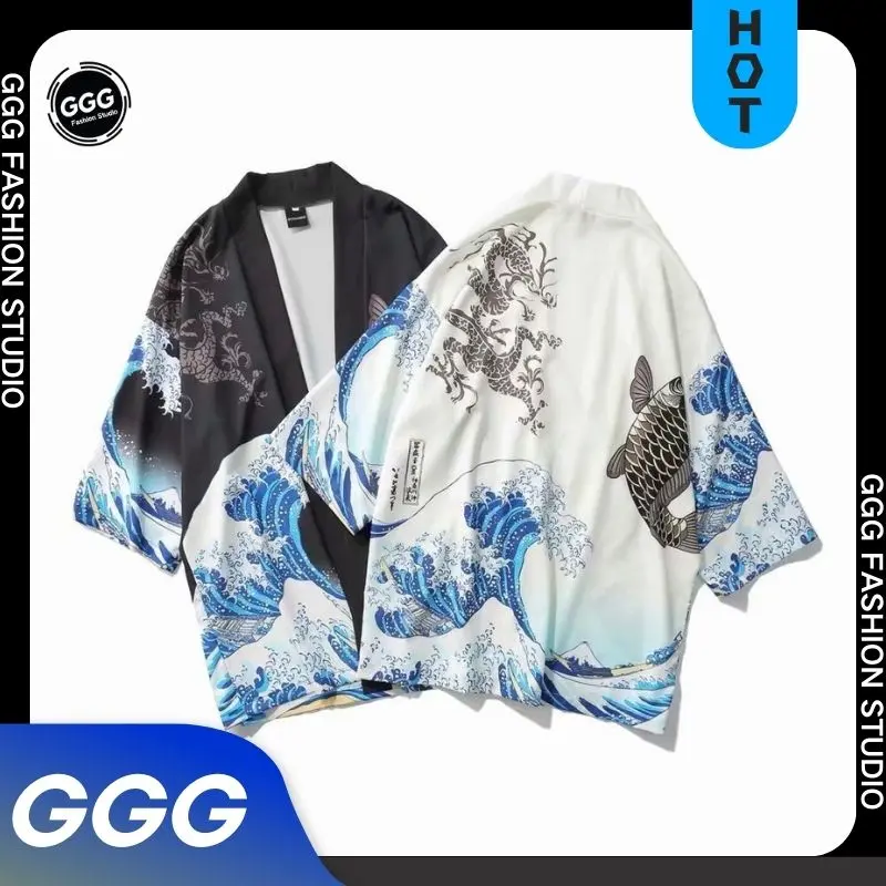 Áo Cardigan Kimono, Phong Cách Cổ Điển Nhật Bản Mùa Hè, Thiết Kế Gợn Sóng Ukiyo-E, Tay Áo Bảy Điểm, Áo Khoác Mỏng Dáng Rộng, Thích Hợp Cho Các Cặp Đôi Top Voi