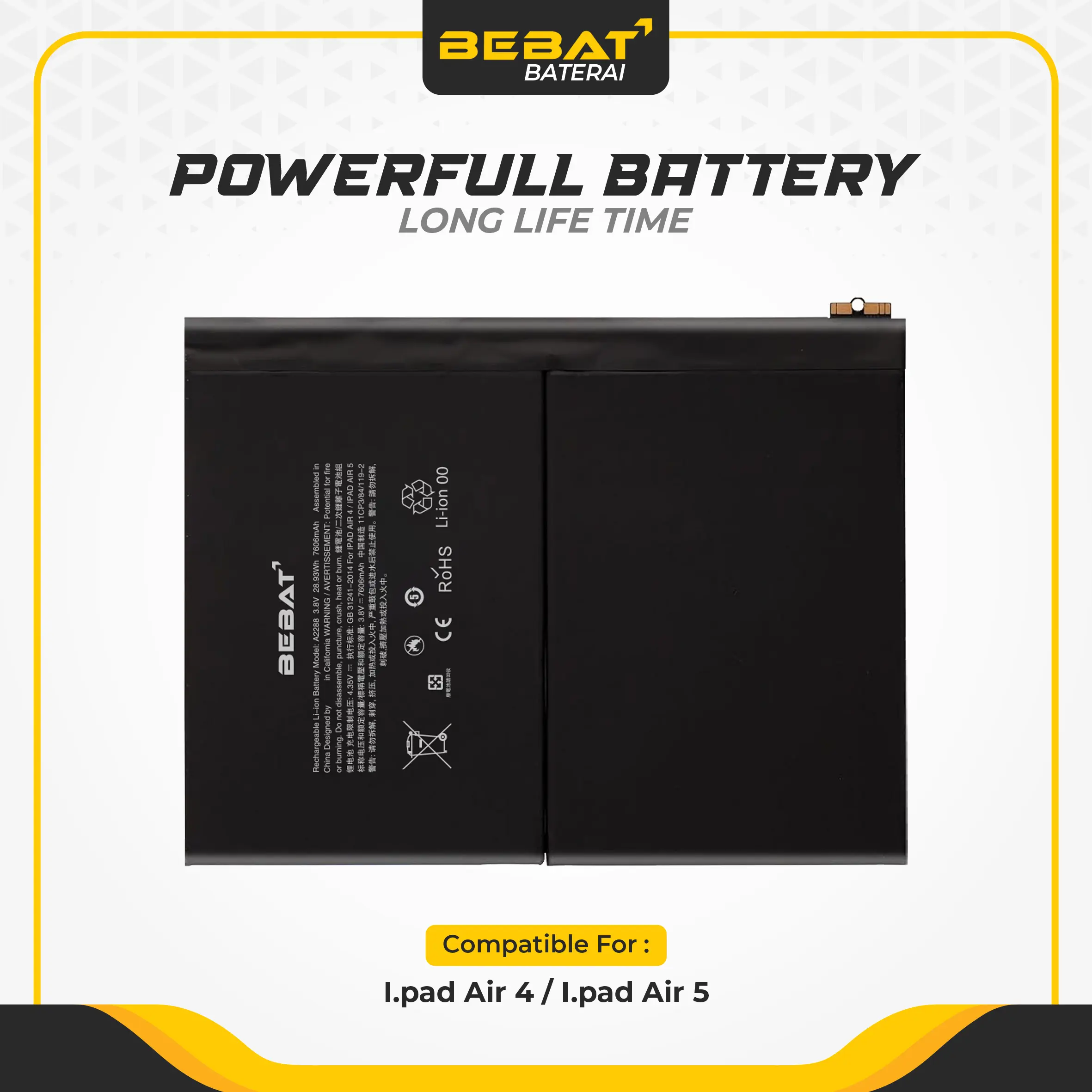 BEBAT Baterai Compatible For iPad Air 4 Air 5 A2288 7606mAh Original Capacity Battery Fast Charging Toolkit Pembuka Tablet Battery