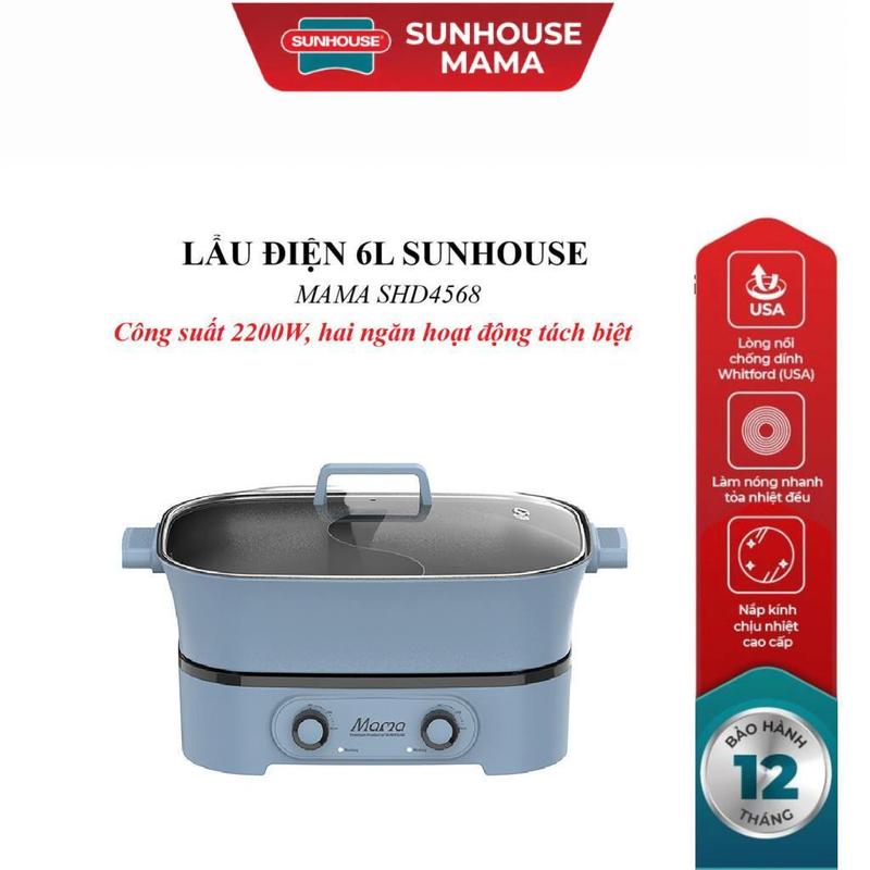 LẨU ĐIỆN 6L SUNHOUSE SHD4568, Công suất cao lên đến 2200W, Hai ngăn hoạt động tách biệt lẩu và nướng, Chống dính PTFE