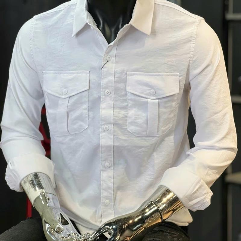 Áo Sơ mi đũi tay dài phối 2 túi hộp Cổ chữ V Màu trắng Màu đen Nam Menswear