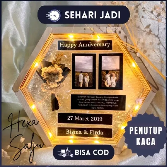 HEXA FRAME BINGKAI HEXAGON KADO ULTAH WISUDA PERNIKAHAN ANNIVERSARY...BINGKAI FOTO MAHAR KADO Lampu Kaca