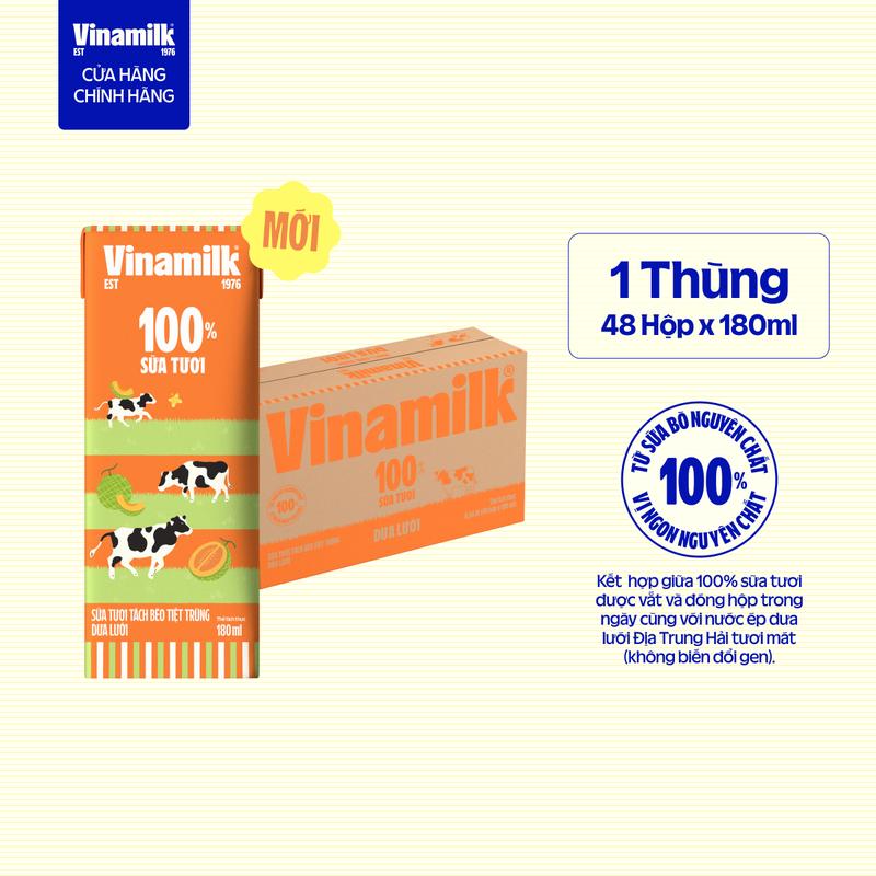 SẢN PHẨM MỚI Thùng 48 Hộp Sữa Tươi Tiệt Trùng Vinamilk Tách béo vị Dưa lưới 180ml
