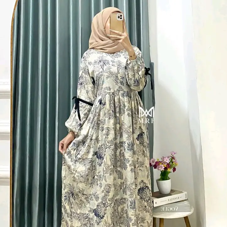 Gamis rayon diamond lengan tali pita ditangan busui friendly resleting depan Dress Wanita  Muslim Lebaran Cantik Flowy gamis  pita Anjani