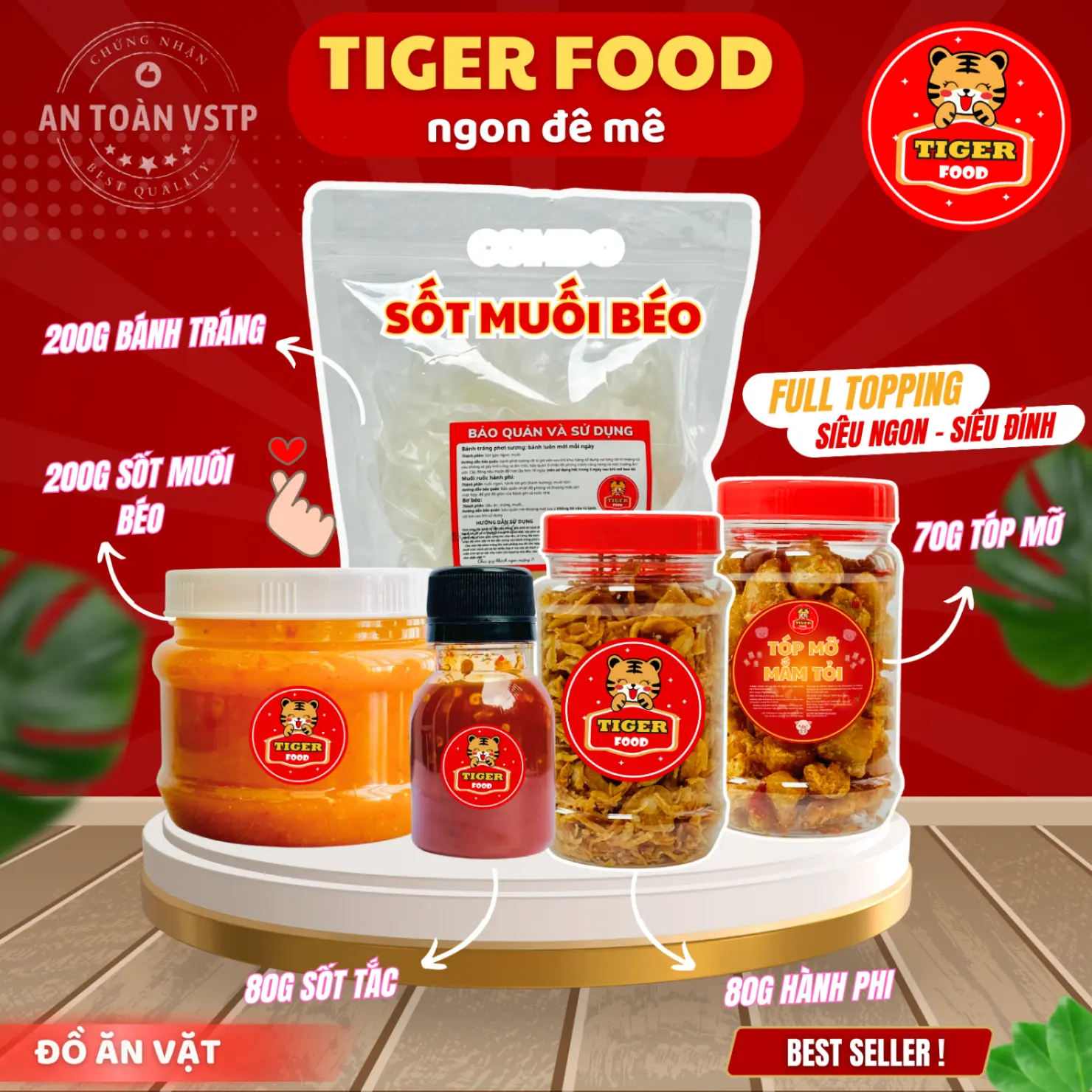 Bánh tráng muối béo TIGER FOOD Bánh tráng phơi sương sốt muối béo + tóp mỡ + hành phi + sốt tắc FULL TOPPING siêu ngon