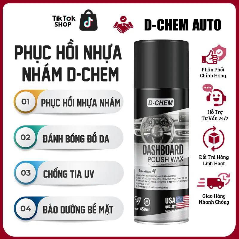 [Chai lớn 450ml] Chai Phục Hồi Nhựa Nhám D-Chem Dashboard Polish 450ml~380g Dạng Xịt Dưỡng & Đánh Bóng Nhựa Nhám Ô Tô Xe Máy