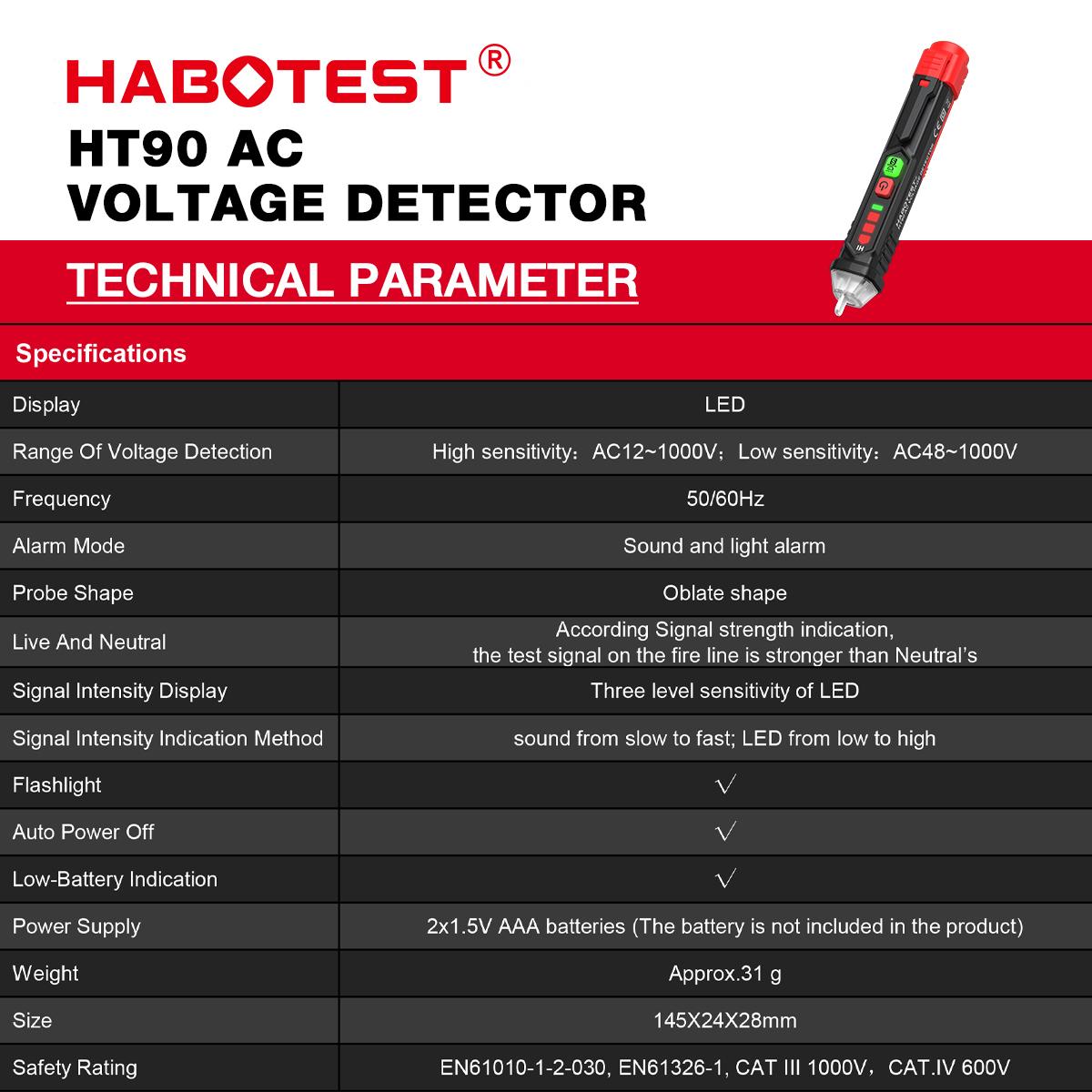 HABOTEST HT90 AC Voltage Detector 12V/48V-1000V NCV Intelligent Test Pen Dual Sensitivity Test  Pen Voltage Tester