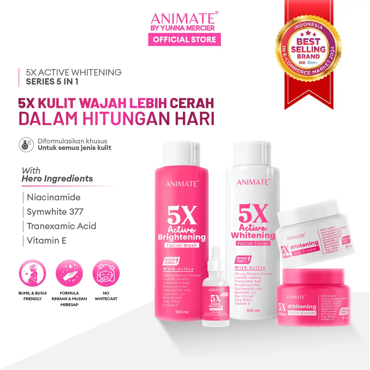 [OFFICIAL] Animate 5x Active Whitening Series 5in1 | Paket Skincare All in One Membantu Mencerahkan Warna Kulit Wajah Glowing Meratakan Warna Kulit