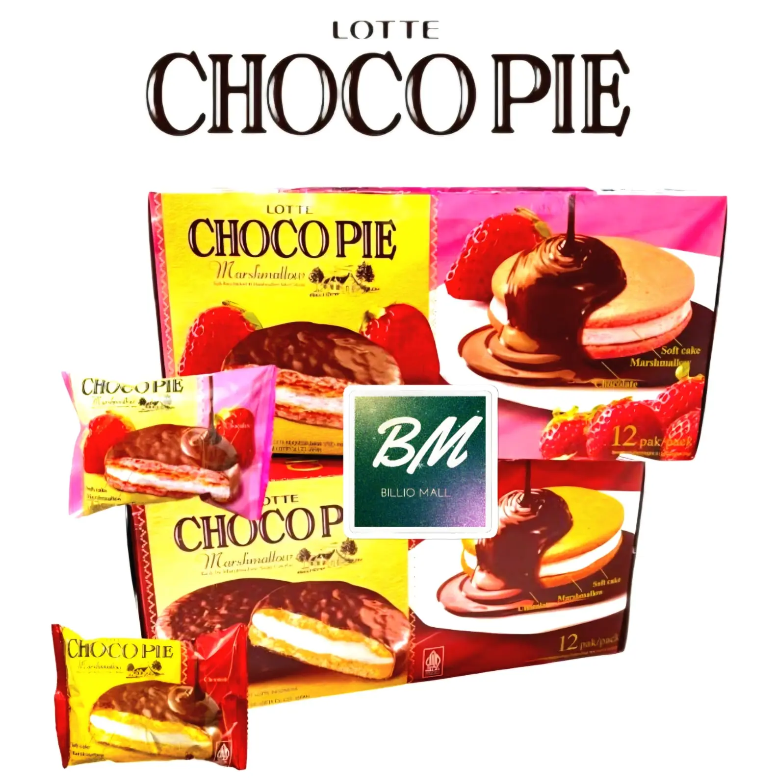 Lotte Chocopie Marshmallow 1 Box (isi 12 Pcs) Chocolate / Strawberry