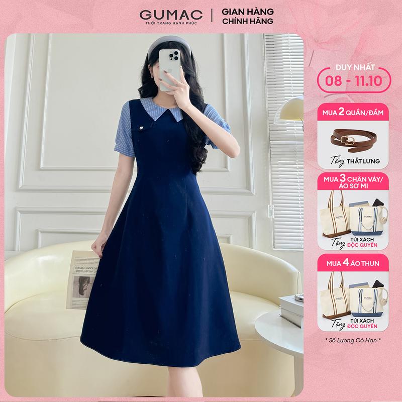 [MUA 2 TẶNG THẮT LƯNG] Đầm nữ dáng A phối vải sọc thiết kế nắp túi trẻ trung thanh lịch thời trang GUMAC LDF0904