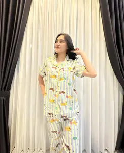 Piyama Wanita Cotton Cloud Celana Panjang Lucu Stylish Nyaman Untuk Ibu Menyusui Lengan Pendek Maternity Bayi Cewek Kancing Katun